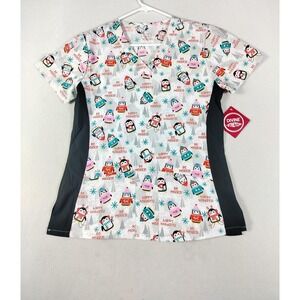 Divine Stretch Scrub Top Womens Small Penguin Christmas V Neck Holiday‎ Print